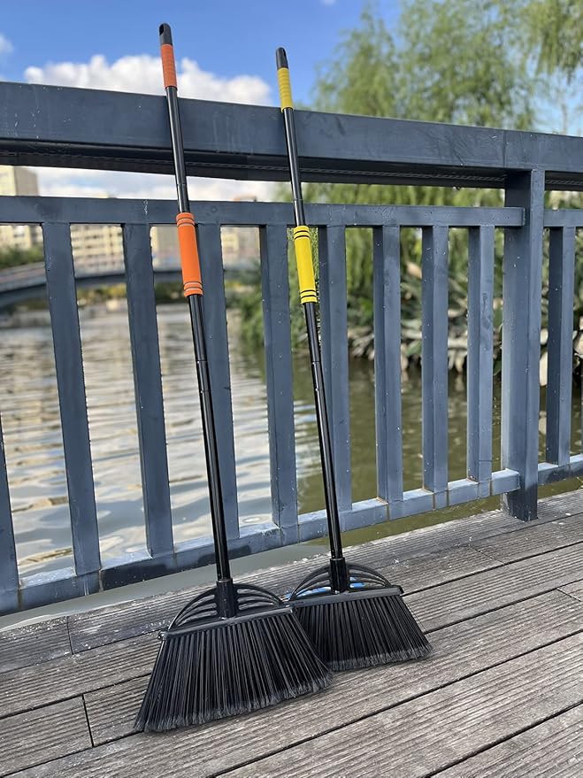Four-Section Rod Long-Handled Broom,Heavy-Duty Broom, Angle Broom for Outdoor/Indoor（Black+Orange）