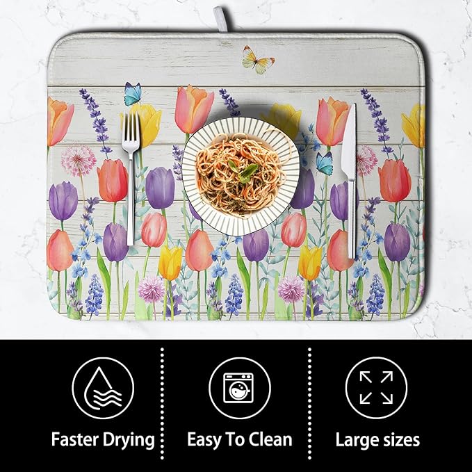 Tulip Floral Dish Drying Mat for Kitchen Counter Watercolor Spring Flower Dish Mat Absorbent Microfiber Dish Draining Mat Reversible Heat Resistant Dishes Pad Large 18 x 24 Inch