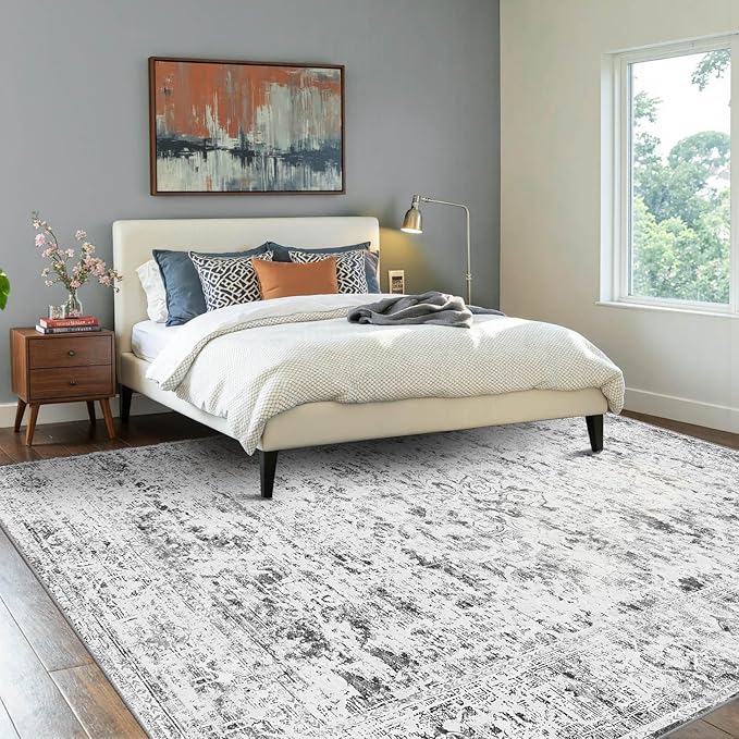 Area Rugs 6x9, Washable Rugs for Living Room, Bedroom, Gery Rug, Vintage Boho Indoor Soft Carpet for Dining Room, Low Pile Rugs for Office, Farmhouse