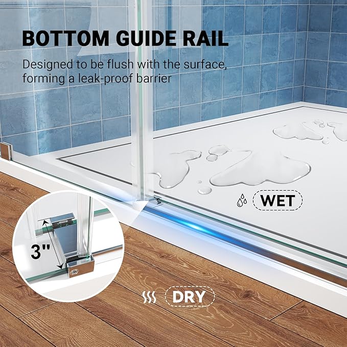 Frameless Sliding Shower Door 44–48 in W x 76 in H, 5/16" (8mm) Clear Tempered Glass Shower Doors Glass Sliding 48 Inches, Double Nano Coating, Stainless Steel Hardware, Silent Smooth Rollers, Chrome