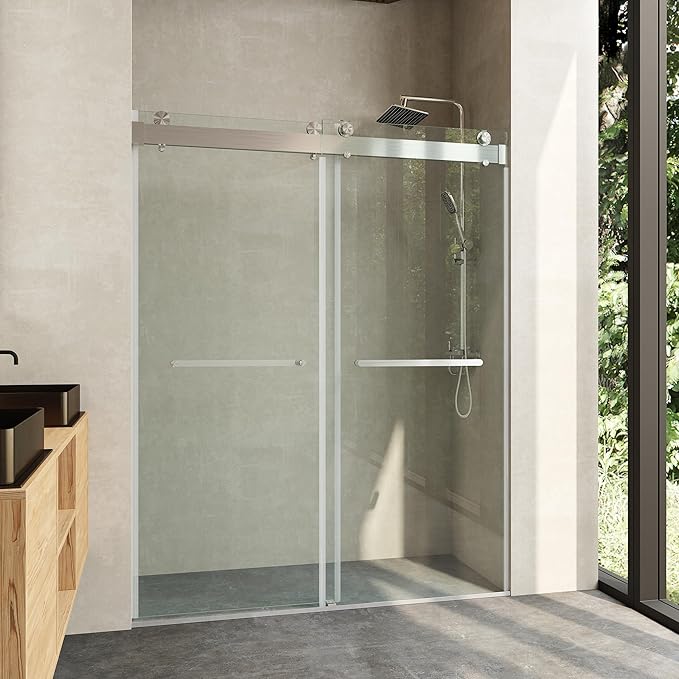 Frameless Soft Close Shower Door, 72"-76 "W, 76 "H, 3/8" (10mm) Clear Tempered Glass, Double Sliding Doors, Brushed Nickel Finish.