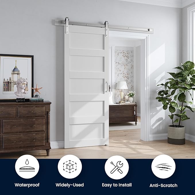 SmartStandard 28x84 inch White Barn Door with 5FT Brushed Nickel Sliding Door Hardware Track Kit Included, Solid MDF Slab, Waterproof PVC Surface, 5-Panel, Suitable for Openings up to 26in x 82in