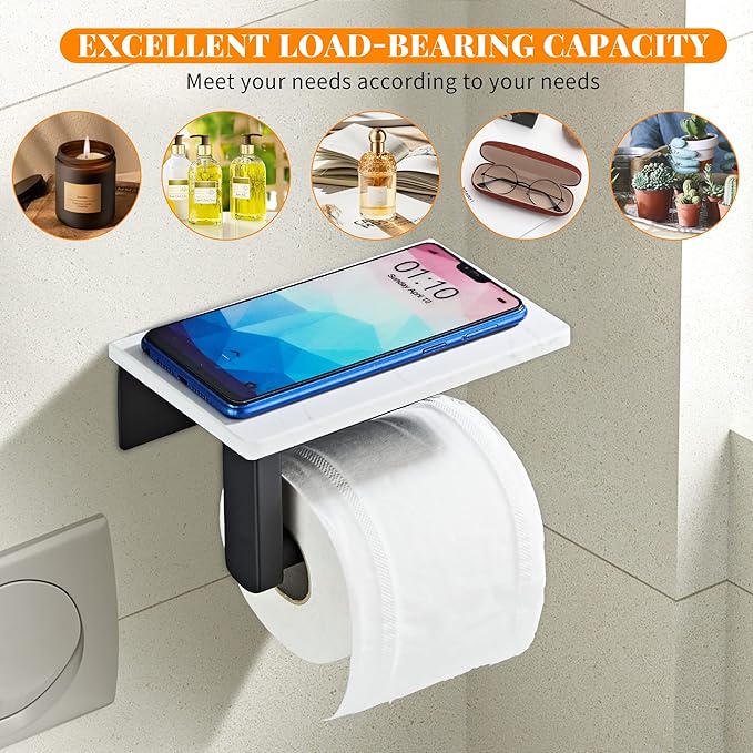Matte Black Toilet Paper Holder with Shelf, 304 Stainless Steel Screw Wall Mounted, Marble Tissue Roll Holder with Storage