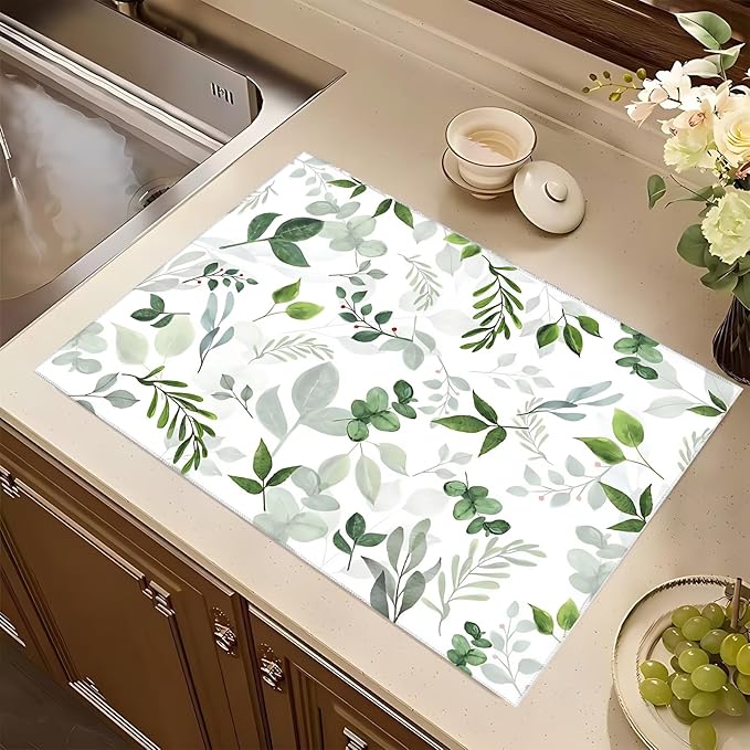 Green Leaves Dish Drying Mat 18x24 inches Microfiber Absorbent Fast Dry Mat for Kitchen Counter Coffee Bar Green Plants Large Drying Mat Kitchen Decor Gifts (Green Leaves, 18x24 inches)