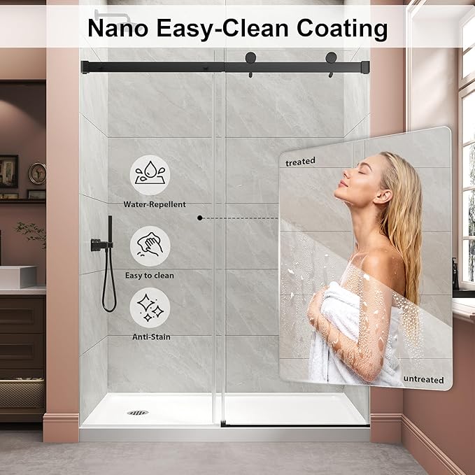 Frameless Shower Door,Single Sliding Glass Shower Door with Nano Coating & Safety Film, Adjustable 55"-60" W x 72" H, Matte Black,1/4" (6mm) SGCC Tempered Glass