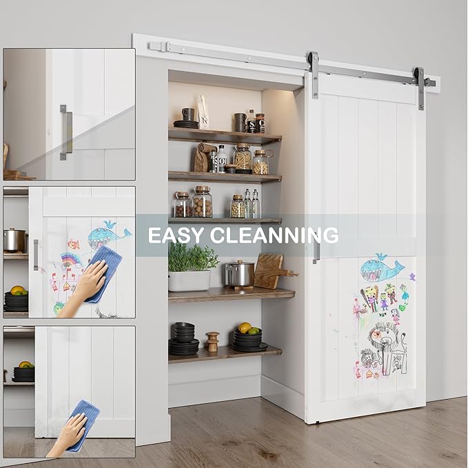 38''x84'' Sliding Barn Door with 6.6 Ft Brushed Nickel Hardware Kit& Handle& Floor Guides,Pre-Drilled Holes Easy Assembly - Include Installation Manual, Water-Proof PVC Surface, H-Frame