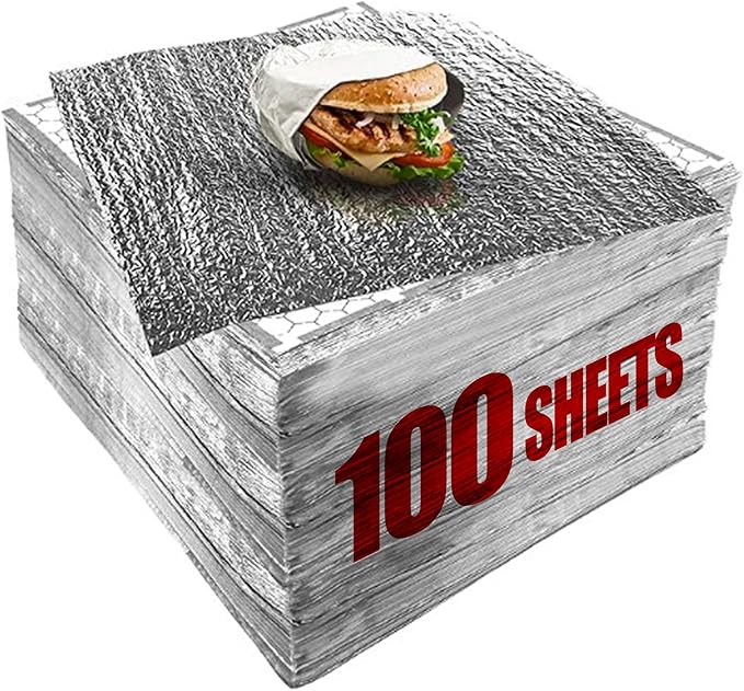 100 Packs Heavy Duty Insulated Aluminum Foil Sheets – 14" x 10.3" Disposable Food Wraps for Sandwiches, Burritos, BBQ, Burgers, Hot & Cold Food