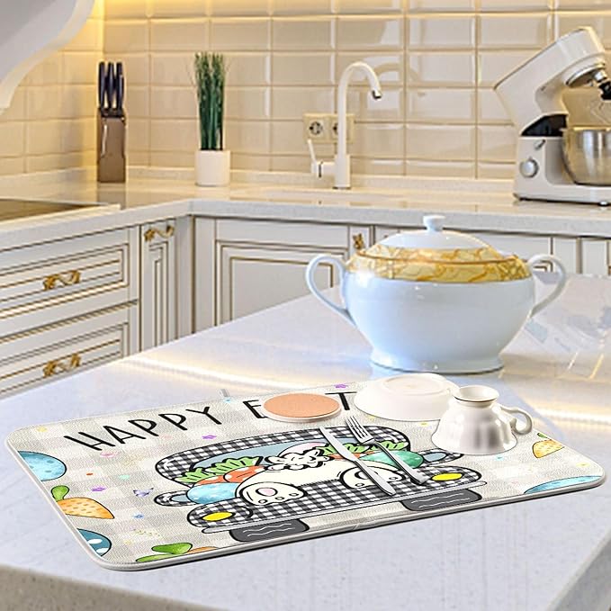 Easter Eggs Bunny Rabbit Dish Drying Mat Quick Absorbent 18x24 Easter Day Black White Buffalo Plaid Kitchen Drying Mat for Countertop Sink Reusable Dishes Mats Kitchen Essentials