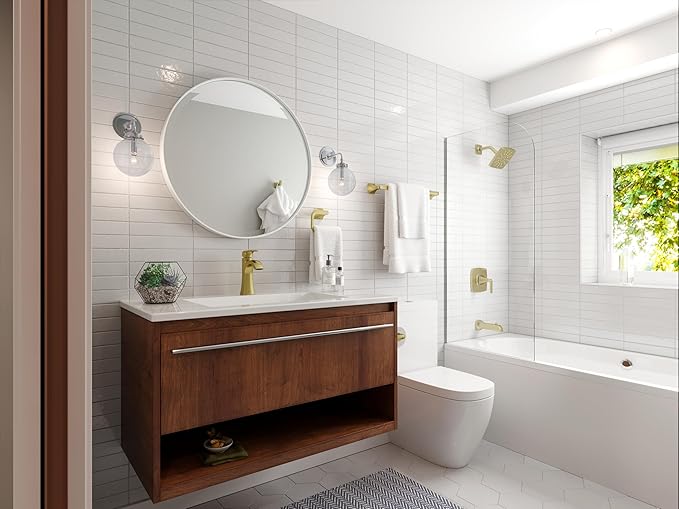 Pfister Bruxie 3-Piece Bathroom Hardware Set with Towel Bar, Towel Ring, and Toilet Paper Holder, Wall-Mounted, Brushed Gold Finish, BTBBIE3BG