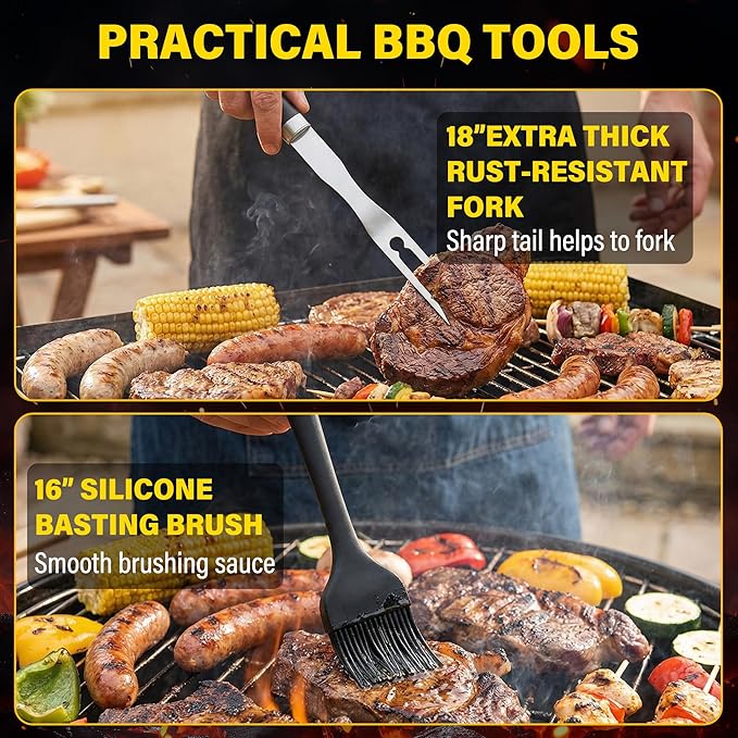 BBQ Grill Accessories Set, Grill Tools Grilling Accessories Grilling Gifts for Men - Spatula, Fork, Brush, Tongs & Cleaning Brush - Outdoor Barbecue Utensils Gifts for Men Dad Him (Black)