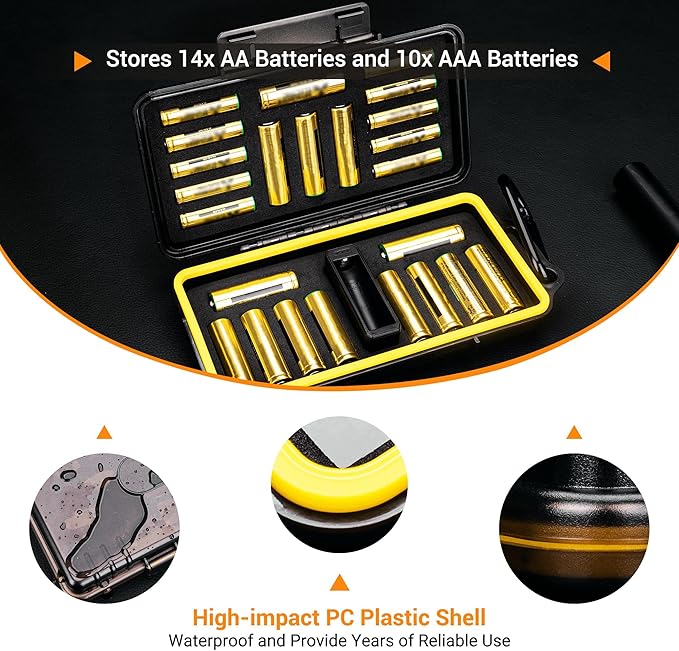 KIWIFOTOS 24 Slots AA AAA Battery Case Holder with Battery Tester for 14pcs AA & 10pcs AAA Batteries Organizer Household Outdoor Battery Storage Container Box