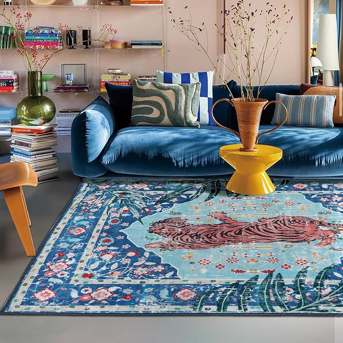 Blue Cheetah Rug 10x8 FT Boho Leopard Vintage Tropical Jungle Animal Rug Aesthetic Rugs for Girls Room Living Room Bedroom Home Office Thin Animal Colorful Funky Carpet