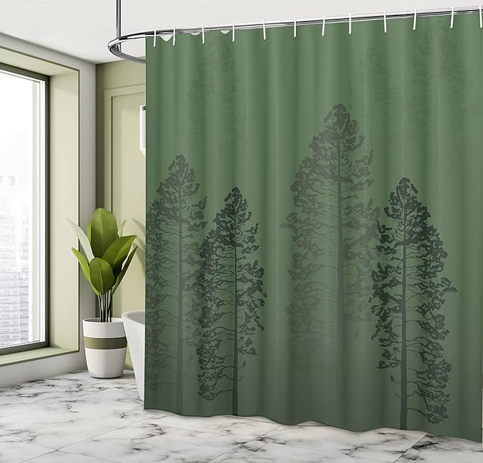 Ambesonne Country Shower Curtain, Pine Trees in The Forest on Foggy Seem Ombre Backdrop Wildlife Adventure Artwork, Cloth Fabric Bathroom Decor Set with Hooks, 69" W x 70" L, Forest Green