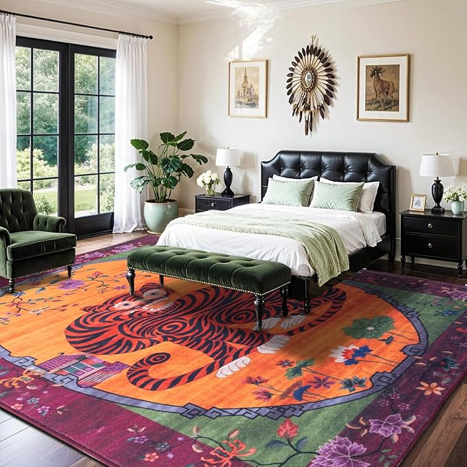 Vintage Tiger Rug Washable 5X7 Oriental Traditional Animal Print Fuchsia Floral Tibetan Rugs for Bedroom Kitchen Living Room Indoor Entryway Carpet Thin Rug