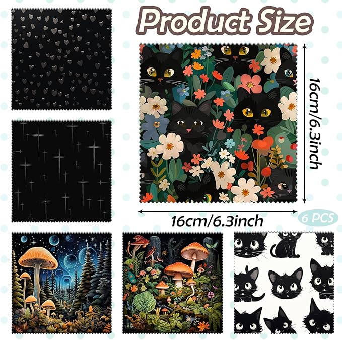 6 PCS Glasses Cleaning Cloth Eyeglass Lens Microfiber Cleaning Cloth Reusable Phone Screens Camera Cute Aesthetic Women Girls(6.3"x6.3")-Mushrooms Cat