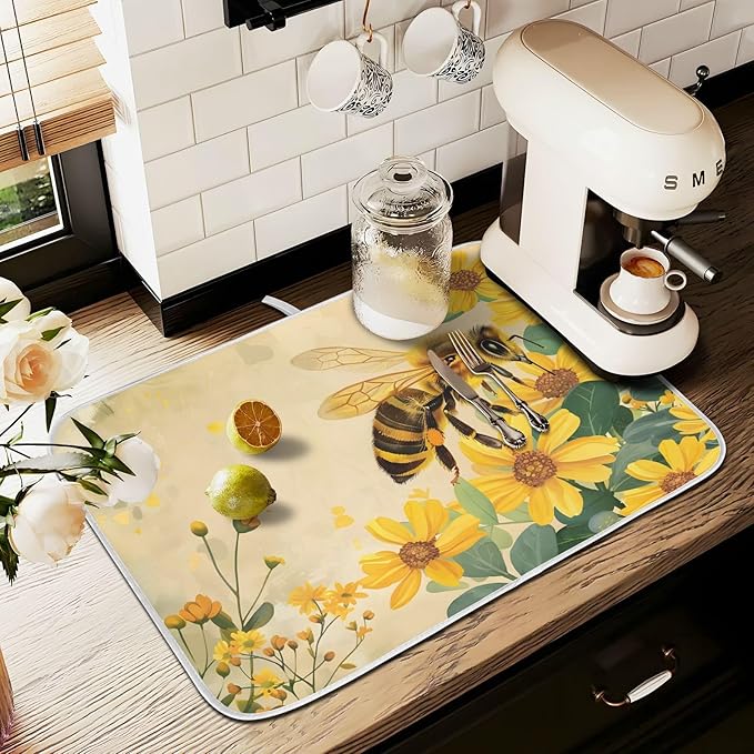 Honey Bee Dish Drying Mat for Kitchen Counter Absorbent Microfiber Small Drying Pad Dish Yellow Flowers Leaves Mats for Kitchen Countertops 16 x 18 Inch