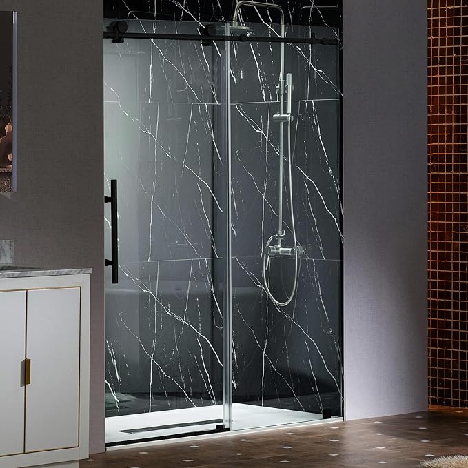 Woodbridge Frameless Single Sliding Shower Doors in Matte Black Finish, 45.5-48" Width x 76" Height with 3/8"(10mm) Clear Tempered Glass, Soft Close System and Explosion-Proof Film, BSDC4876-MB