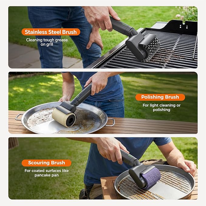 Leebein Electric Grill Brush for Outdoor, 2026 Upgraded BBQ Grill Cleaner with 3 Heads, 3-Speed & Angle Adjust Cordless Rotary Grill Brush, 150Mins Runtime Grill Cleaning Brush for Barbecue Grates