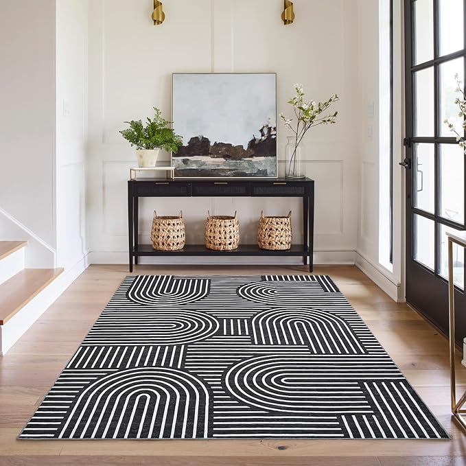 Washable Rug 5x7 Area Rugs for Living Room, Abstract Rug for Bedroom, Soft Rainbow Non Slip Throw Rugs with Rubber Back, Low Pile Stain Resistant Boho Geometric Carpet for Dining Room, Black
