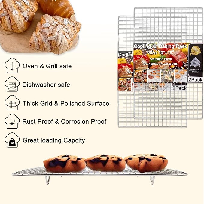 Cleaning Brush Included Cooling Rack for Cooking and Baking - 10" x 15" Set of 2 Stainless Steel, Oven Safe Grid Wire Cookie Cooling Racks