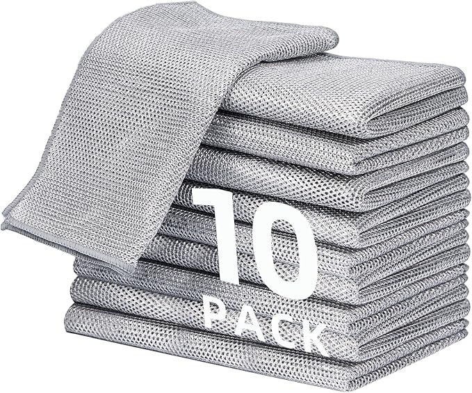 10 Pack Extra Large Non Scratch Wire Dishcloths, 30x30cm Double-Layer Silver Thread Kitchen Cleaning Rags, Dual-Sided Wet & Dry Reusable Steel Wire Dish Cloths for Cookware, Sinks, Stovetops