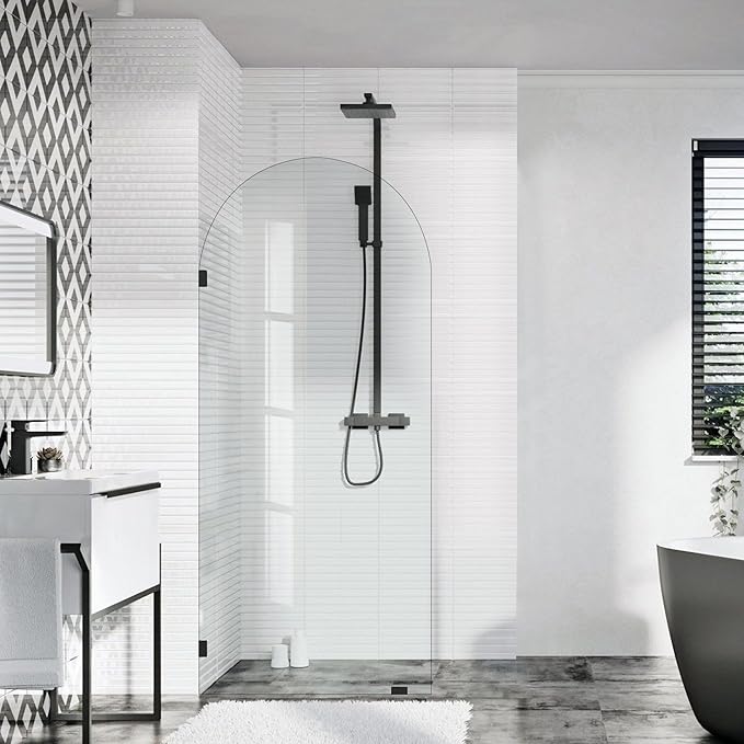 Bathroom Glass Shower Door Panel, 30" W x 78" H Fixed Frameless Shower Doors with Clamps, 3/8"(10mm) Thick Clear Tempered Glass Shower Screen Single Panel for Walk in Shower (Black)