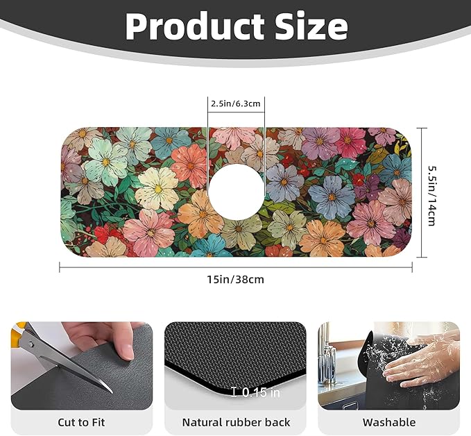Colorful Wildflowers Dish Drying Mat for Kitchen Counter, 18"x24" Microfiber Absorbent Fast Dry Mat, 2Pcs Dish Mat Faucet Mats Sets, Large Drying Kitchen Mat Kitchen Drying Pad Coffee Bar Decor Gifts