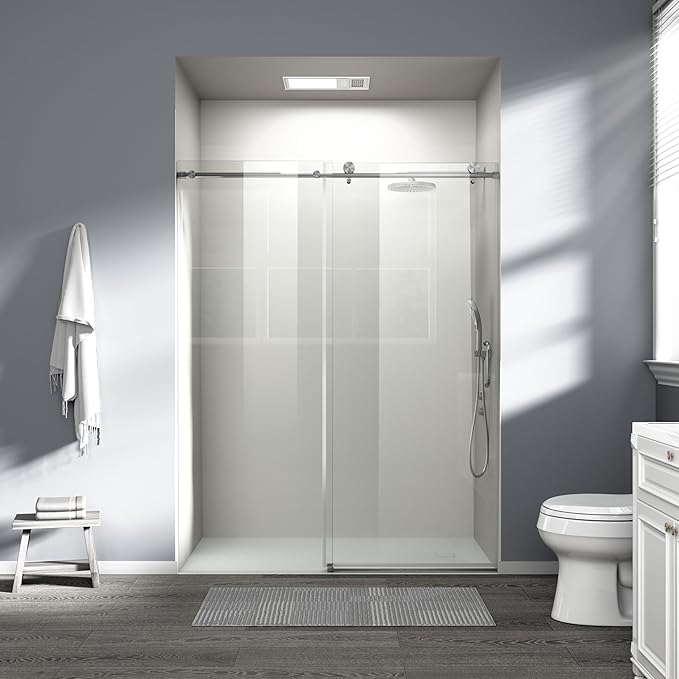 Abruzzo 76" Tall Frameless Single Sliding Shower Door - Adjustable 56" to 60" Width, 1/4" (6mm) Tempered Glass with Safety Film, Brushed Nickel Finish for Walk-in Showers, Space Saving Design