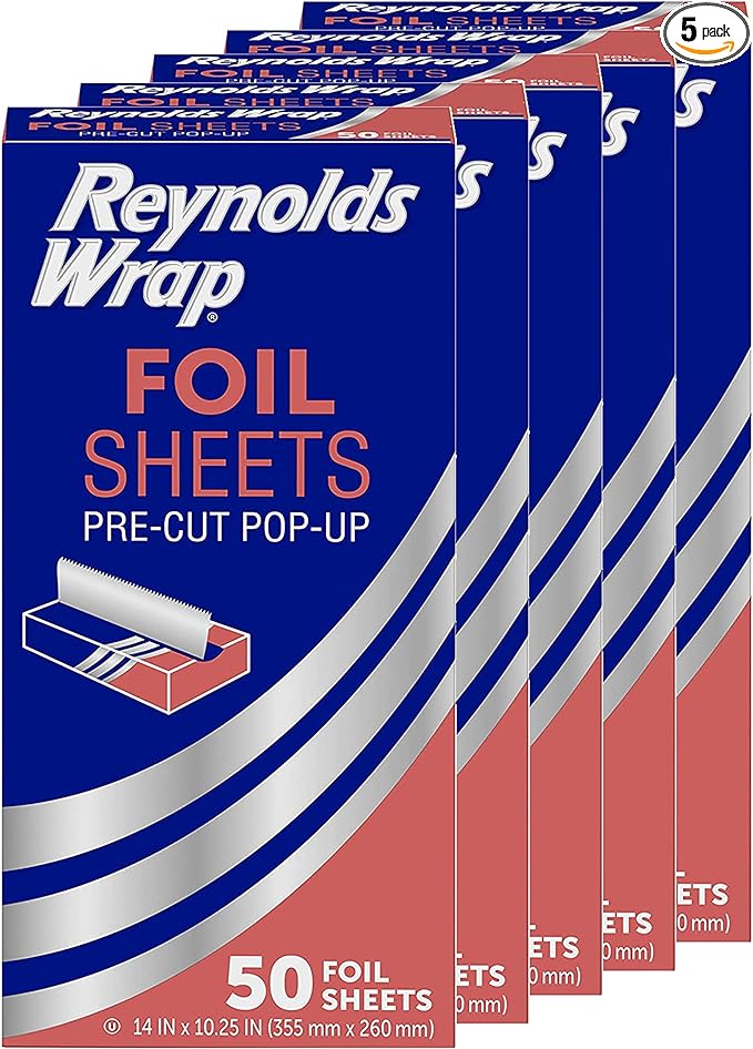 Reynolds Wrap Pre-Cut Pop-Up Aluminum Foil Sheets, 14 x 10.25 Inches, 50 Sheets (Pack of 5), 250 Total