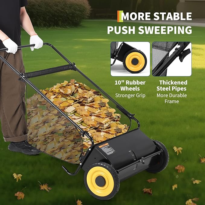 Garvee 26 in Heavy-Duty Push Lawn Sweeper - 4 Spinning Brushes, 7Ft³ Large Capacity Collection Bag, Adjustable Height for Grass, Leaves & Debris On All Terrains