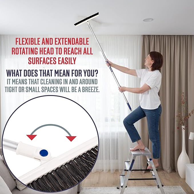 Candor Rotatable Push Broom | 63 Inch Long Lightweight Flexible Cleaning Brush Swiftly Glides Under Beds, Tables, Sofas, Ovens | Also Includes A Handy Brush to Clean The Broom | 18 Inch Head