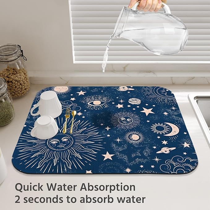 Dish Drying Mat for Kitchen Counter 16x18 Inch, Super Absorbent Dish Drainer Mat, Decorative Microfiber Dishes Drying Pad-Small(Navy Blue Moon)