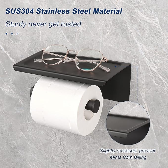 NearMoon Toilet Paper Holder with Shelf, Heavy Duty Bath Toilet Roll Holder with Phone Shelf Tissue Hanger for Bathroom/Kitchen No Drill or Wall Mounted(304 Stainless Steel, Matte Black)