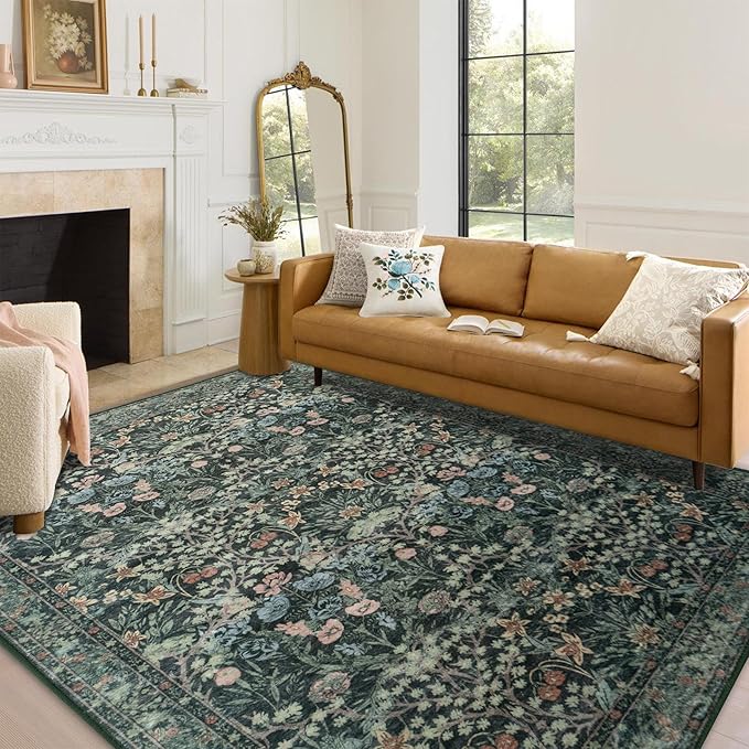 5x7 Washable Rug Vintage Floral Green Area Rug Non Slip Low Pile Large Rugs for Living Room, Bedroom, Farmhouse, Dining Room, Kids Playroom