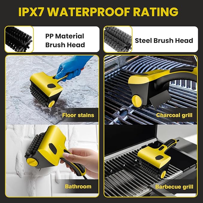 Electric Grill Brush for Outdoor, Cordless Rechargeable Grill Brush with Water & Cleaning Solution Tank, IPX7 Waterproof, 304 Stainless Steel, Automatic Grill Cleaner for BBQ Grates, Gifts for Dad