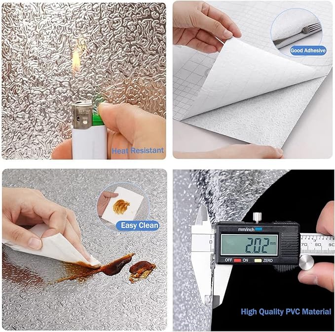 Kitchen Backsplash Wallpaper Peel and Stick Aluminum Foil Contact Paper Self Adhesive Oil-Proof Waterproof Heat Resistant Wall Sticker for Countertop Drawer Liner Shelf Liner(15.7X394 Inches)
