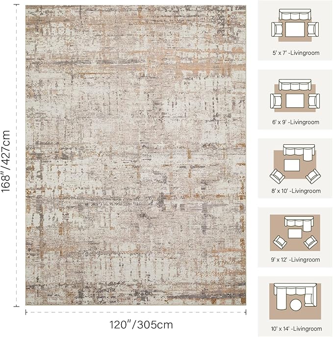 10x14 Extra Large Washable Area Rug, Soft Abstract Vintage Rug for Living Room, Bedroom, Office, Farmhouse, Low Pile Imitation Wool Non Slip Carpet Ideal for High-Traffic Areas, Beige Grey