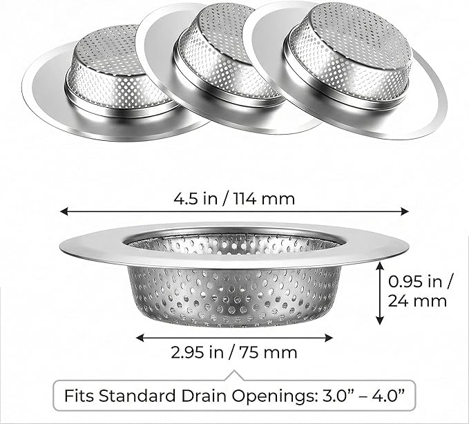 Helect 3-Pack Kitchen Sink Strainer, Stainless Steel Drain Filter with Large 4.5" Wide Rim, Dishwasher Safe, Anti-Clog Perforated Basket for Standard Drains, Garbage Disposals & Utility Tubs