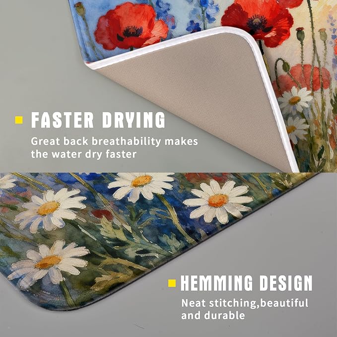 4th of July Dish Drying Mat for Kitchen Counter 16x18 Patriotic Floral Independence Day Memorial Holiday Absorbent Reversible Microfiber Drying Mats Kitchen Countertop Protector Dishes Drainer Pad