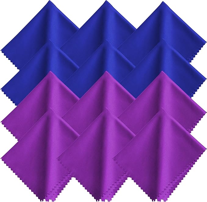 Microfiber Glasses Cleaning Cloth - 12 Pack (6 Blue + 6 Purple), 7x6 Inches, Individually Wrapped, Reusable, Lint-Free for Eyeglasses, Phone Screens, Cameras Lens & Electronics