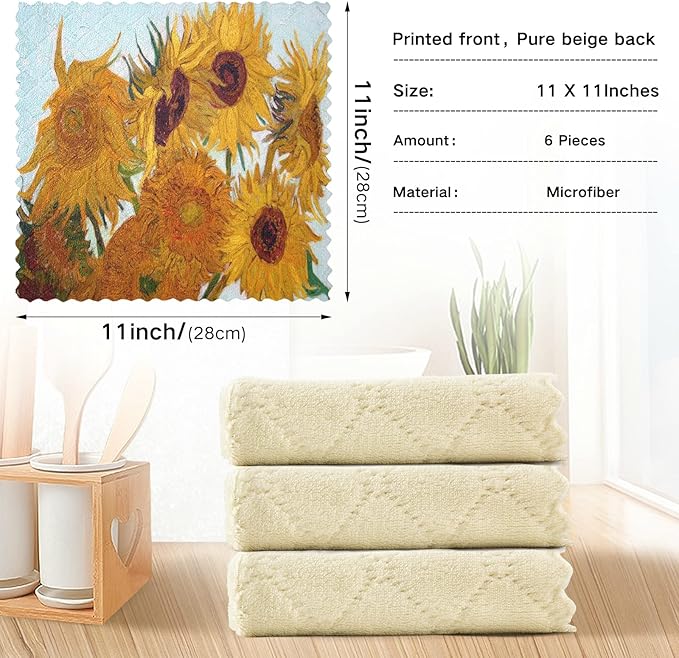 ALAZA Van Gogh Sunflower Dish Cloths Super Absorbent Kitchen Towels Lint Free Bar Tea Soft Towel Set of 6, 11"x11"