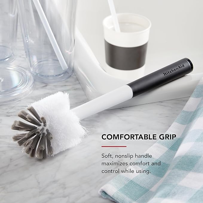 KitchenAid Narrow Neck Bottle Brush for Travel Mugs, Water Bottles, Vases, and More, Non Slip Comfort Grip Handle, Black and White