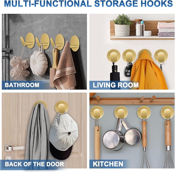 Adhesive Hooks for Bathrooms, 4 Piece Towel Hooks for Hanging Hat Robe Coat, Stick on Hooks for Kitchens, Strong Self-Adhesive No Damage Waterproof Stainless Steel Sticky Hook (Gold)