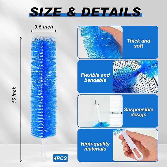 Sliner 4 Pcs Cobweb Duster Bendable Fan Duster Plastic Dust Cleaner Reusable Head Ceiling Brush Microfiber Dirt Remover for Fan Air Conditioning Home Vents Shutters (Blue)