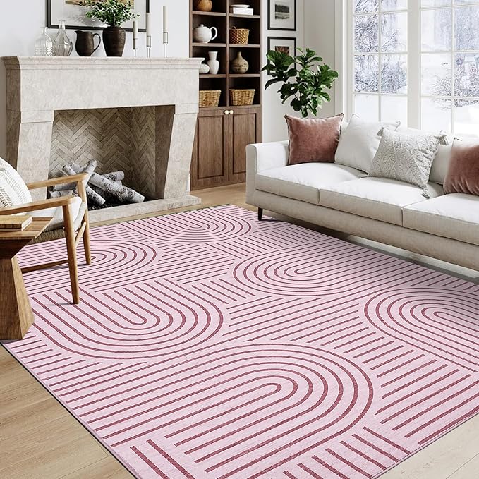Washable Rug 8x10 Area Rugs for Living Room, Abstract Rug for Bedroom, Soft Rainbow Non Slip Throw Rugs with Rubber Back, Low Pile Stain Resistant Boho Geometric Carpet for Dining Room, Pink