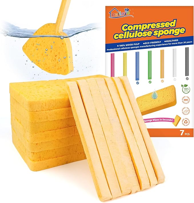7 Pack Biodegradable Cellulose Pop Up Sponges | Compostable Kitchen Sponges Pack | Gentle Non-Scratch Cleaning for Dishes, Kitchen & Bathroom Surfaces-Yellow