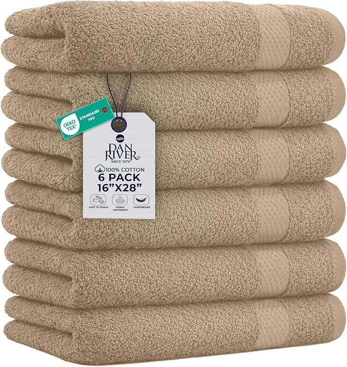 DAN RIVER 6-Pack Premium Hand Towels (16x28 Inches) - 100% Cotton, Ultra Soft, Lightweight, Highly Absorbent Towels for Bathroom, Spa, Gym, Salon, Hotel, and Travel - Tan