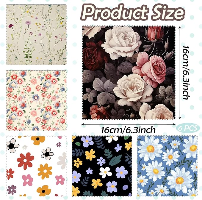 6 PCS Glasses Cleaning Cloth Eyeglass Lens Microfiber Cleaning Cloth Reusable Phone Screens Camera Cute Aesthetic Women Girls(6.3"x6.3")-Flowers