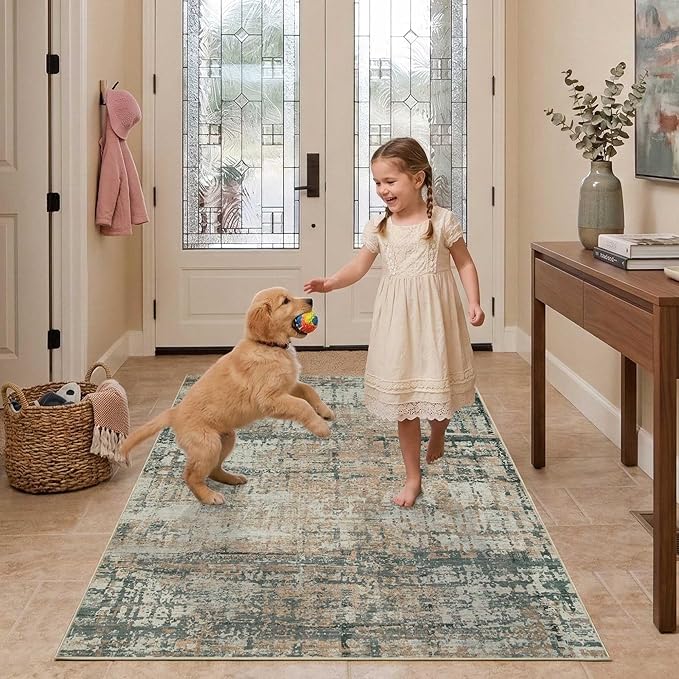3x5 Washable Entryway Rug, Non Slip Boho Runner Rugs for Hallway, Entrance, Kitchen, Bathroom, Laundry Room, Soft Entryway Carpet, Throw Low Pile Retro Imitation Wool Carpet, Moss