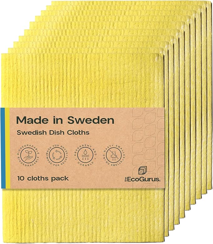 Original Swedish Dishcloth – Made in Sweden, 10 Cloths, Reusable & Biodegradable Cellulose Sponge for Kitchen, Suitable for All Surfaces, Odour Resistant Eco Cleaning – Yellow